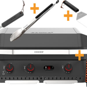 COZZE G 800 COMBO Plancha Grill mit Grillrost Starterset mit COZZE Grillbesteck Grillzange, Grillwender, Grillbürste und Grillhandschuhe