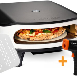 COZZE Pizzaofen Gas 42,5 cm 17" mit rotierendem Pizzastein - inkl. Hitzeschild + Starter Kit Pizzaschieber, Pizzaschneider und Infrarot Thermometer