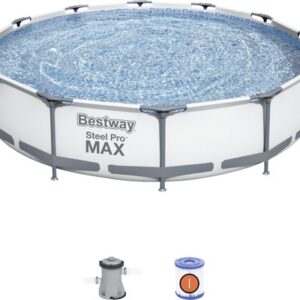 Aufstellpool Framepool Set Bestway Steel Pro MAX rund 366x76 cm inkl. Kartuschenfilteranlage hellgrau