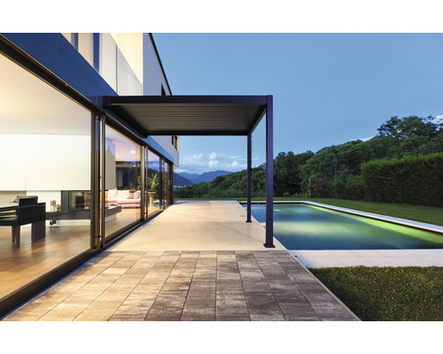 Pergola mit Lamellendach 4x3 Gestell RAL 7015 schiefergrau inkl. vertikaler Beschattung Wandbefestigung – Bild 4