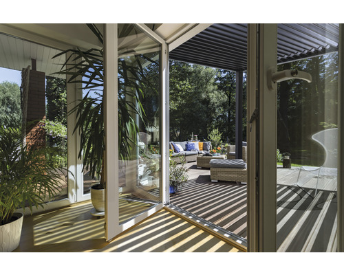 Pergola mit Lamellendach 4x3 Gestell RAL 7015 schiefergrau inkl. vertikaler Beschattung Wandbefestigung – Bild 3